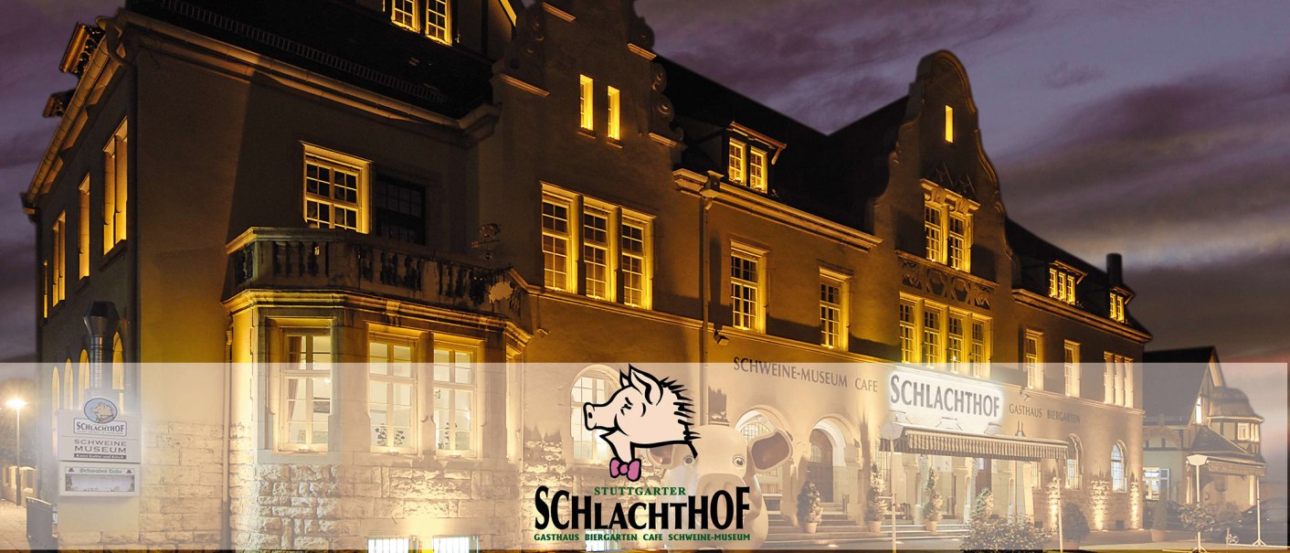 The Stuttgarter Schlachthof restaurant is illuminated at night. The façade features a pig museum and a café., © Wilhelmer Gastronomiebetriebe GmbH