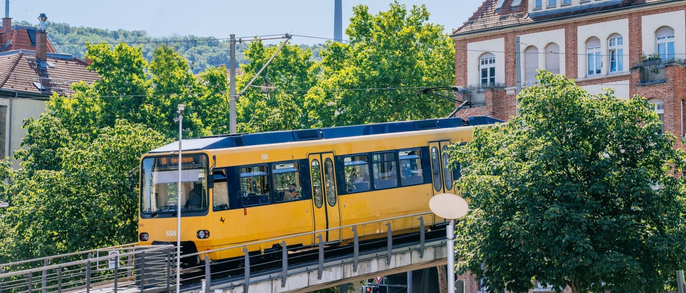 Gelbe Zahnradbahn fährt auf einer erhöhten Schiene durch eine grüne, städtische Umgebung mit Bäumen und Backsteingebäuden., © Thomas Niedermüller