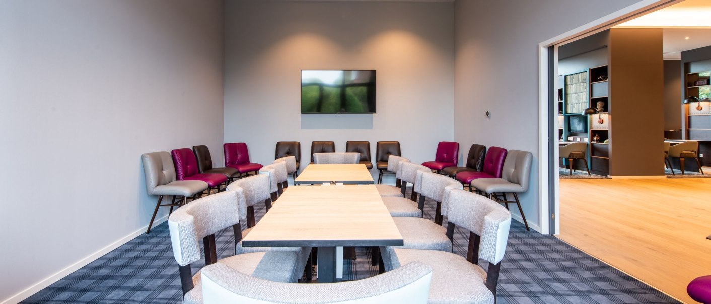 A modern conference room with a large table surrounded by chairs in various colors. A flat-screen TV hangs on the wall, and the floor is covered with blue carpet., &copy; Guenter Lenz