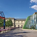 The Staatsgalerie Stuttgart with its modern architecture, colorful structures and glass facades under a blue sky., © SMG