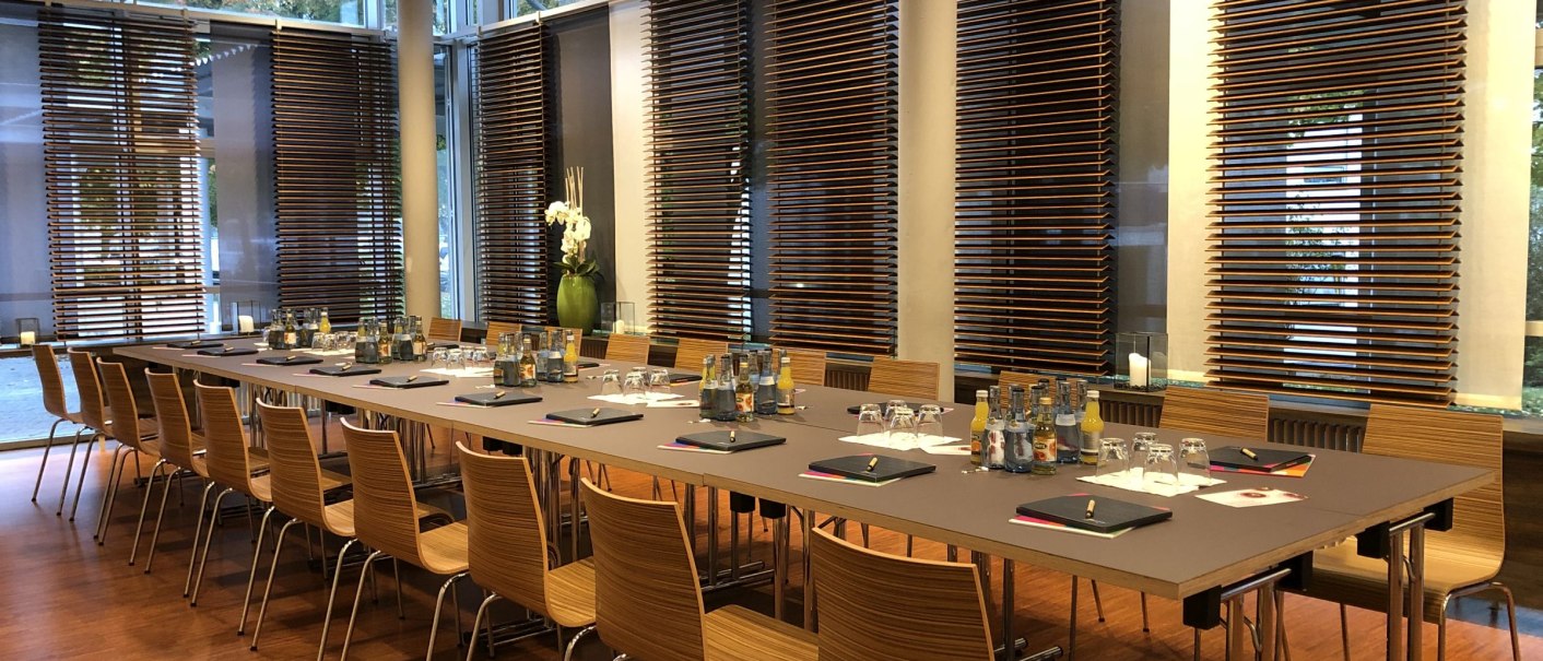Modern meeting room with large table, wooden chairs and drinks. Large windows with blinds, wooden floor and decorative plant., © Filharmonie_gf
