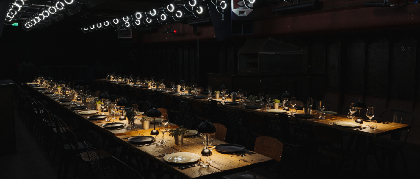 Long, festively laid table in a dark room with modern lighting and decorative plants., &copy; Fridas Pier