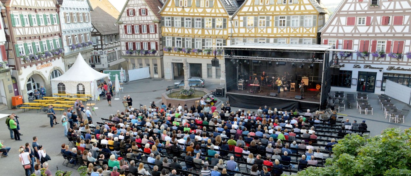 Open-Air-Konzert vor Fachwerkhäusern in Herrenberg. Zahlreiche Zuschauer sitzen auf Stühlen, während eine Band auf der Bühne spielt., © Stadt Herrenberg, Gabriel Holom