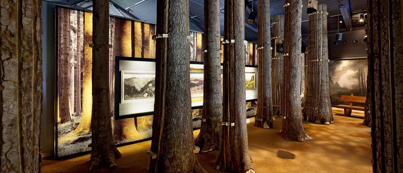 Exhibition in the Haus der Geschichte Baden-Württemberg with tree trunks and pictures depicting a forest scene. The floor is brown and the ceiling has a modern design., © danielstauch_gf