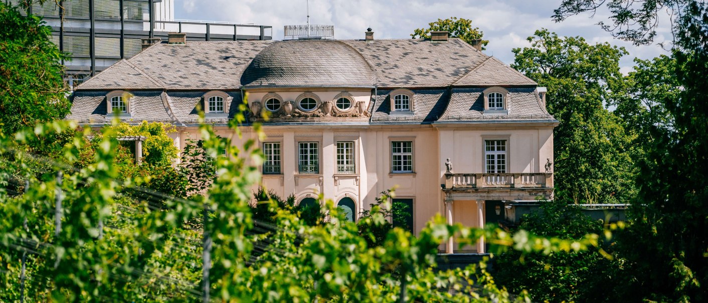 The Villa Reitzenstein, a historic building with a gray roof, surrounded by green vines and trees, under a blue sky., &copy; Thomas Niederm&uuml;ller